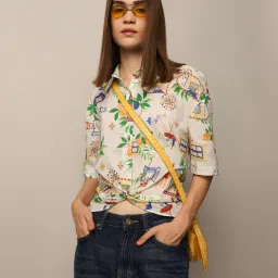 Only Off White & Green Cotton Printed Shirt image 1