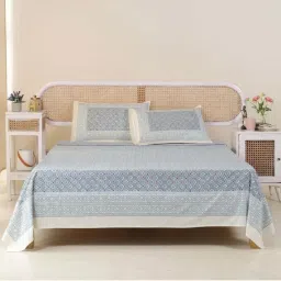 Peepul Tree Pure Cotton Double Bedsheet Set With 2 Pillow Covers | Hand Printed in Blue & Grey | image 1