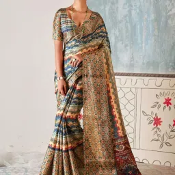 Saree Mall Blue & Brown Printed Saree With Unstitched Blouse image 1