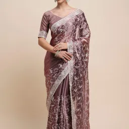 Saree Mall Purple Embroidered Saree With Unstitched Blouse image 1