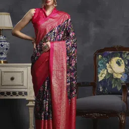 Saree Mall Navy & Pink Silk Printed Saree With Unstitched Blouse image 1