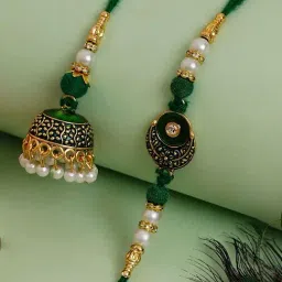 eCraftIndia Green & Golden Meenakari Bhaiya Bhabhi Rakhis with Sibling Agreement & Roli Chawal Pack-image-1