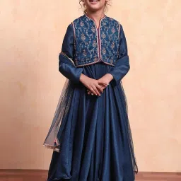 Biba Kids Teal Embellished Regular Fit Suit Set with Dupatta & Jacket image 1