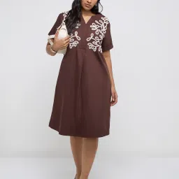 Gia by Westside Dark Brown Embroidered Cotton A-Line Dress image 1