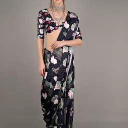 Odette Black Silk Blend Floral Printed Saree with Unstitched Blouse image 1