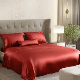 Haus & Kinder Satin Royale Scarlet Desire Red 300 TC Double Flat Bedsheet with 2 Pillow Covers-picture-24