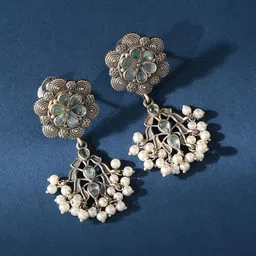 JAYPORE Silver Plated Stone Studded Contemporary Drop Earrings-picture-33