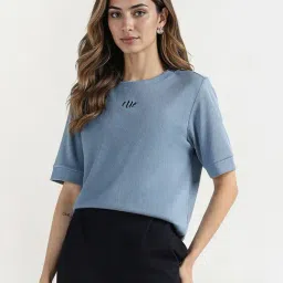 Elle Women Blue Textured Round Neck T-Shirt image 3
