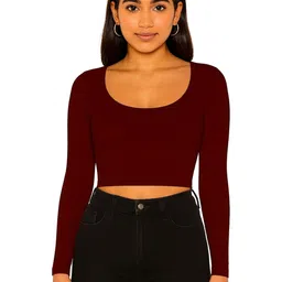 PUERY Women Scoop Neck Long Sleeves Fitted Cotton Crop Top-picture-15