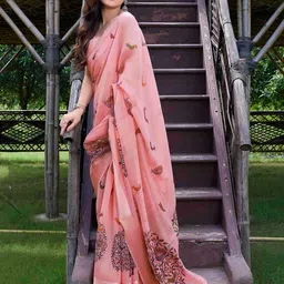 KALINI Peach-Coloured & Blue Polycotton Baluchari Saree image 3