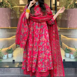 DIVASTRI Floral Printed V-Neck Panelled Anarkali Kurta With Palazzos & Dupatta image 2