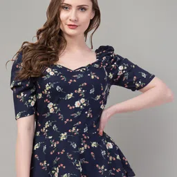 Zuvino Floral Print Sweetheart Neck Puff Sleeve Peplum Top-picture-35