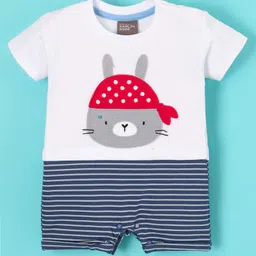Little Kangaroos 100% Cotton Half Sleeves Striped Romper With Kitty Embroidery- White-picture-27