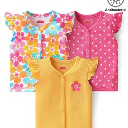 Babyhug 100% Cotton Antibacterial Frill Sleeves Front Open Vest Floral & Polka Dot Pack of 3 - Yellow White & Pink-picture-27