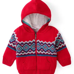Babyhug Knitted Full Sleeves Aztec Design Hooded Sweater - Red-picture-11