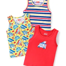 Babyhug 100% Cotton Knit Sleeveless Vests with Striped & Vehicle Print Pack of 3 - Multicolor-picture-19