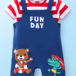 Babyhug Single Jersey Knit Striped  Half Sleeves T-Shirt with Bear Printed Dungaree - Red & Blue-picture-21