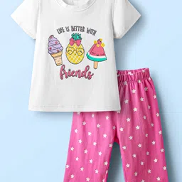Babyhug Cotton Knit Half Sleeves Capri Night Suit With Fruit & Star Print - White & Pink-picture-29