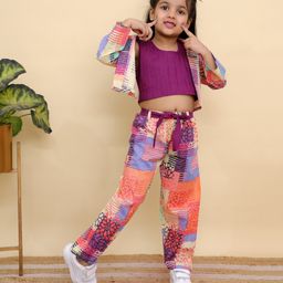 Superminis Cotton Knit Full Sleeves Floral & Abstract Printed Coordinating Shirt & Pant With Self Design Inner Top Set - Purple-picture-11