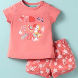 Zero Sinker Knit Half Sleeves Shorts Night Suit With Bird & Floral Print - Coral-picture-27