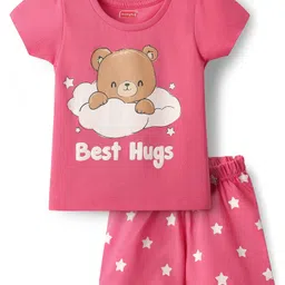 Babyhug Cotton Knit Half Sleeves Shorts Night Suit with Bear & Star Print - Pink image 1