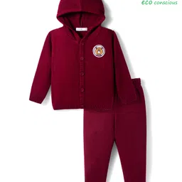 Babyoye Knit Full Sleeves Front Open Sweater Set with Ear Applique & Pacth Detailing - Maroon-picture-23
