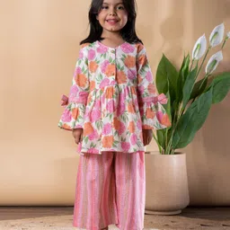 READIPRINT Cotton Woven Three Fourth Bell Sleeves Floral Printed Peplum Style Kurti & Palazzo Set - Pink-picture-27