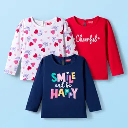 Babyhug 100% Cotton Knit Full Sleeves T-Shirts with Text & Heart Print Pack of 3 - Red White & Navy Blue-picture-34