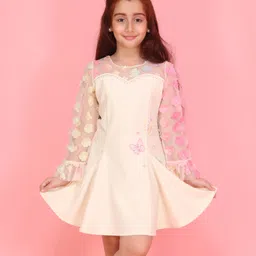 Cutecumber Satin Woven Full Sleeves Floral & Butterflies Applique Detailed Dress - Cream-picture-11