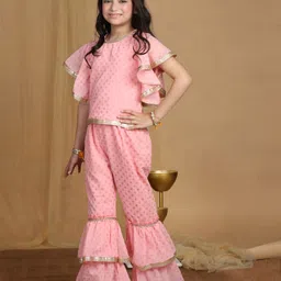 Cutiekins Georgette Woven Half Flutter Sleeves Geometric Printed Lace Embellished Kurti & Sharara Set - Pink & Gold-picture-15