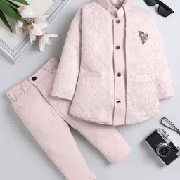 Fourfolds Woven Solid Sherwani Trouser With Full Sleeves Rhinestones Embellished & Abstract Embroidered Jacket Set - Light Pink-picture-29