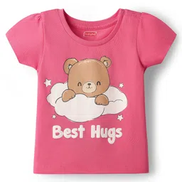 Babyhug Cotton Knit Half Sleeves Shorts Night Suit with Bear & Star Print - Pink image 2