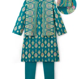 EARTHY TOUCH Single Jersey Knit Full Sleeves Kurta Pajama Set With Floral Printed Nehru Jacket - Teal Blue image 2