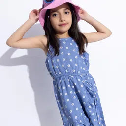 Taffykids Rayon Sleeveless Floral Printed Jumpsuit - Blue & White image 4