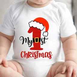 KNITROOT Christmas Theme Half Sleeves My 1st Christmas Text Printed Onesie - White image 5