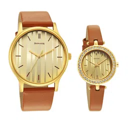 Sonata Brass Dial & Leather Straps Couple Analogue Watch 7710587041YL01 image 1