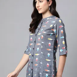 Cottinfab Print Mandarin Collar Roll-Up Sleeves Longline Top image 3