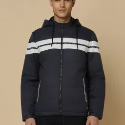 Allen Solly Sport Navy Regular Fit Striped Hooded Jacket image 1