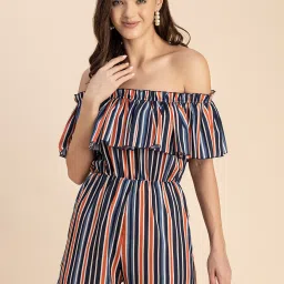 Moomaya Navy & Orange Georgette Striped Playsuit image 1