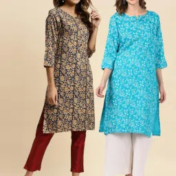 Rangita Turquoise & Navy Floral Print Straight Kurta - Pack OF 2 image 1