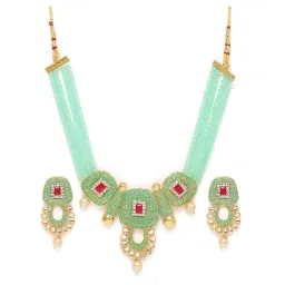 Zaveri Pearls Pastel Green Enamel Multistrand Beads & Pink Stones Necklace & Earring Set-ZPFK10253 image 1