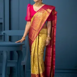 APNISHA Yellow & Pink Silk Woven Saree With Unstitched Blouse image 1
