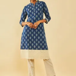Soch Indigo Cotton Floral Printed Mandarin Collar Straight Kurta image 1