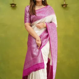 Anjaneya Sarees White & Purple Silk Woven Saree With Unstitched Blouse image 1