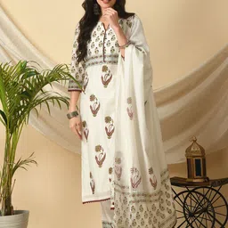 MEESAN Women Floral Printed Regular Chanderi Cotton Kurta with Trousers & With Dupatta-image-13