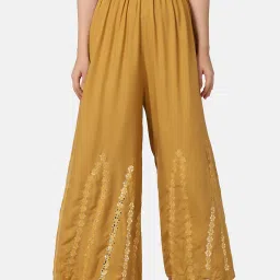 BUYNEWTREND Yellow Embroidered Palazzos image 1
