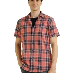 Allen Solly Peach Cotton Regular Fit Checks Shirts image 1