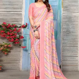 Satrani Peach Printed Saree With Unstitched Blouse image 1