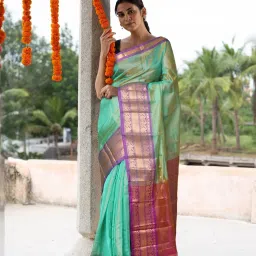 Unnati Silks Green & Pink Silk Textured Pattern Saree With Unstitched Blouse image 1