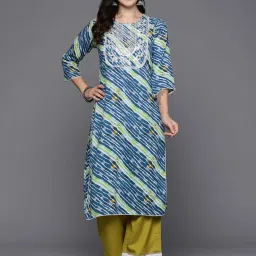 Indo Era Blue Printed Straight Kurta image 1